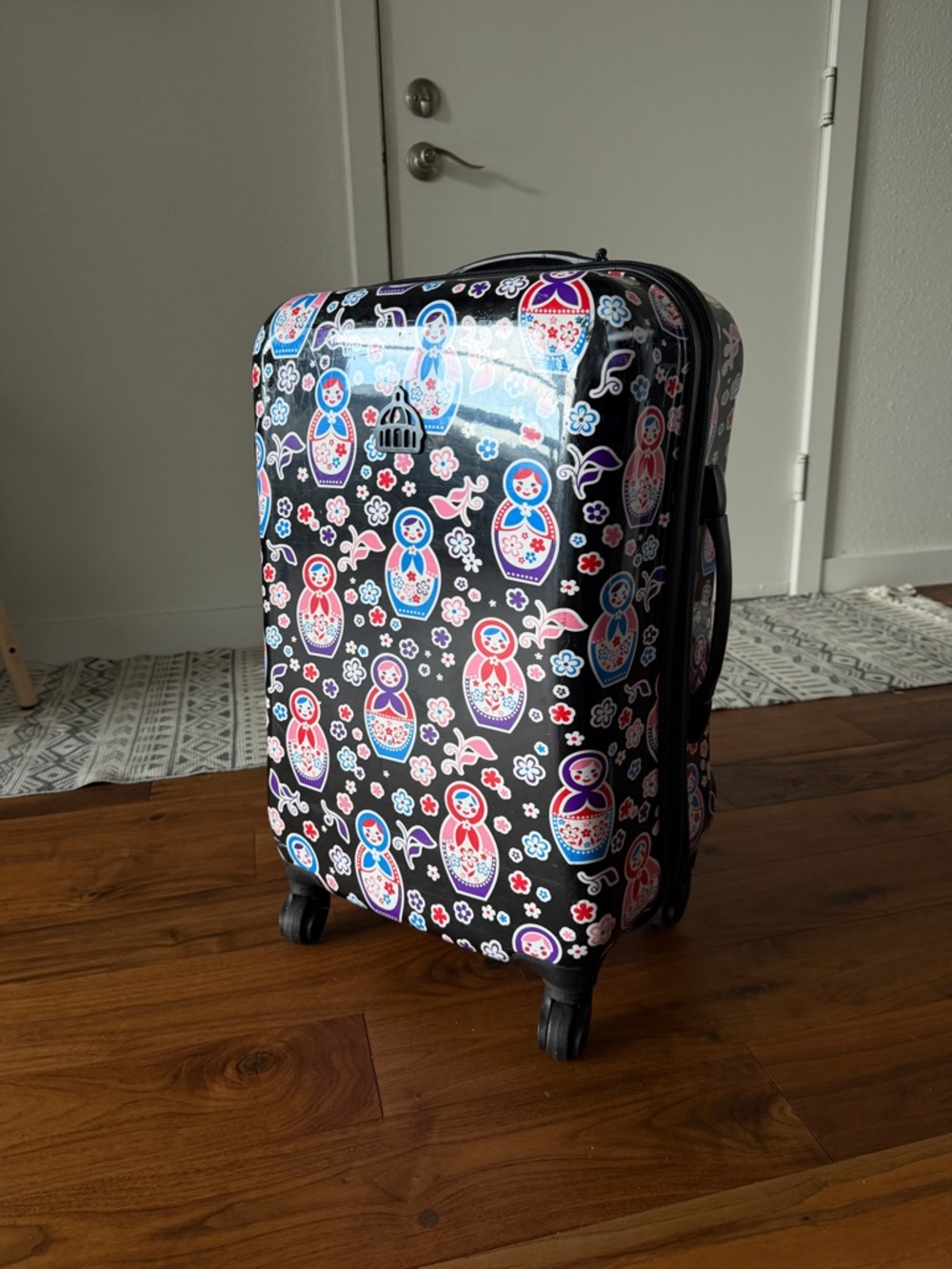 Unique Matryoshka Print Suitcase in Black, White, Pink & Blue